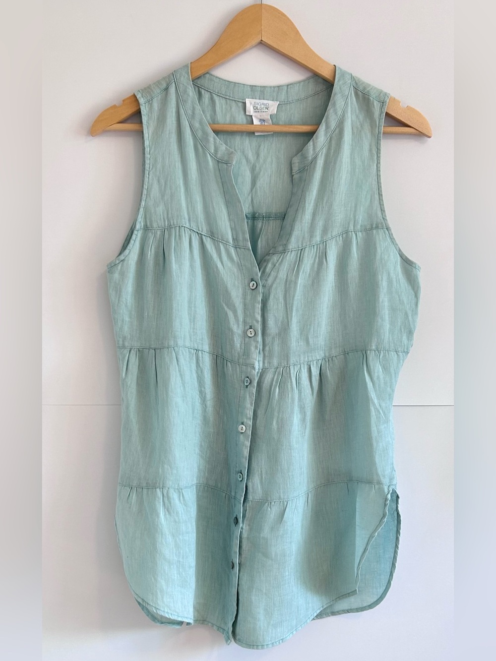 Sigrid Olsen Linen Tiered Tunic Blouse Coastal Mint Green Women’s Small